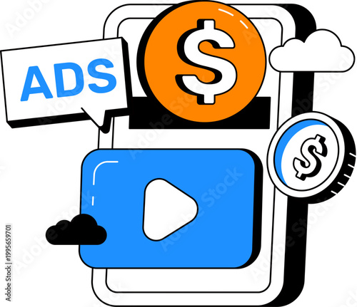Smartphone with dollar coins and video player for mobile advertisement monetization vector illustration
