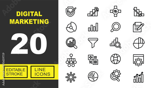 Digital Marketing line icon set. Vector pictograms of shield, growth, link, decrease, chart, statistics, magnifier, report, research, filter, analytics, diagram, hierarchy, calculator. Editable stroke