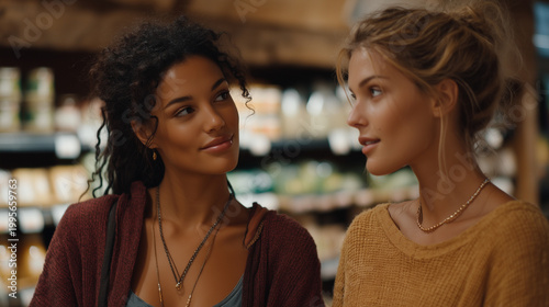 Two former best friends pass each other in a grocery store aisle, one mid-reach for the same product, eye contact held a second too long, neither speaking, friendship breakup aftermath, urban grocer