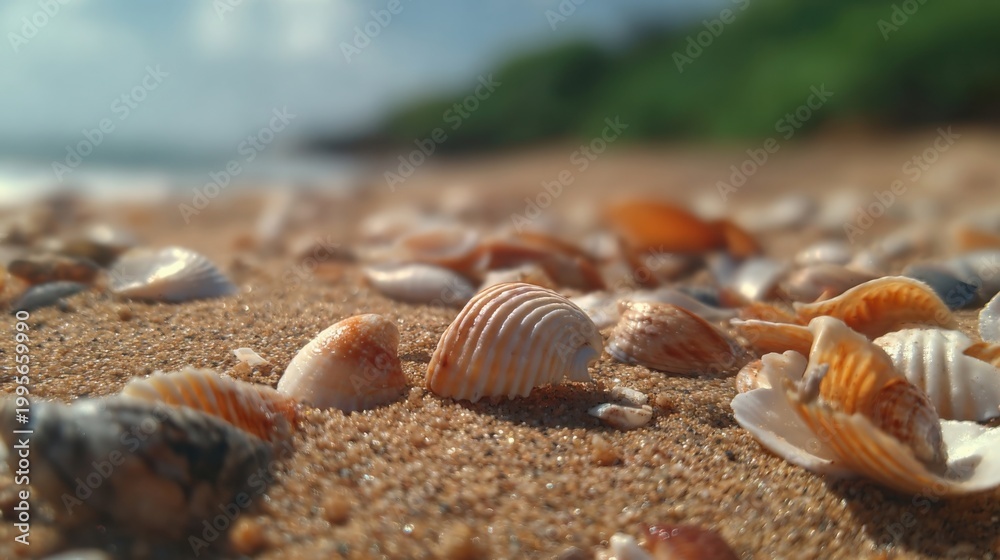 Fototapeta premium Close-up view of scattered seashells resting on golden beach sand with gentle ocean waves in the background.