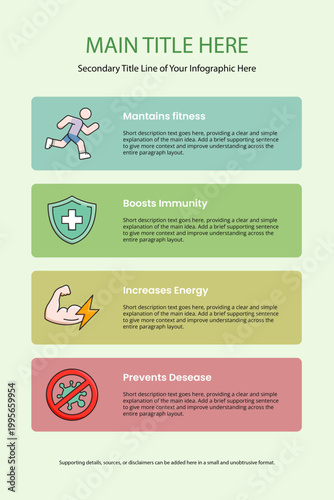 Health and wellness infographic featuring four vertical panels with icons explaining physical fitness, immunity, energy, and disease prevention.