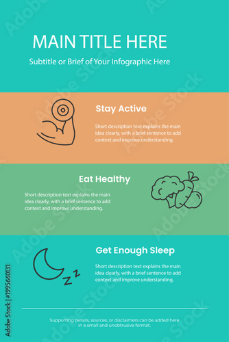 Health lifestyle infographic featuring three horizontal color-coded sections for physical activity, nutrition, and sleep with minimalist line icons.
