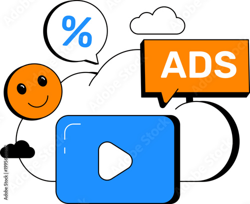 Video player button ADS bubble and emoji for digital marketing strategy vector illustration