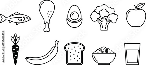 Black and white food line fish chicken leg