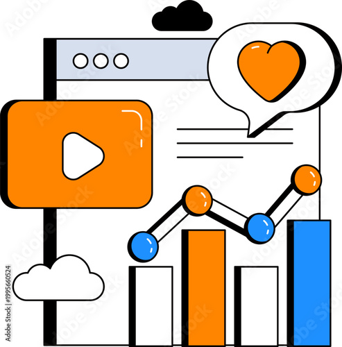 Video player heart speech bubble and data charts for digital marketing performance vector illustration
