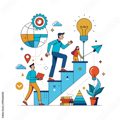 Illustration of people climbing staircase with icons symbolizing teamwork, learning, and global progress