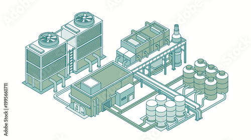 Isometric Vector Design of a Modern Industrial Factory Facility Featuring Cooling Towers Storage Tanks Pipelines and Manufacturing Production Buildings
