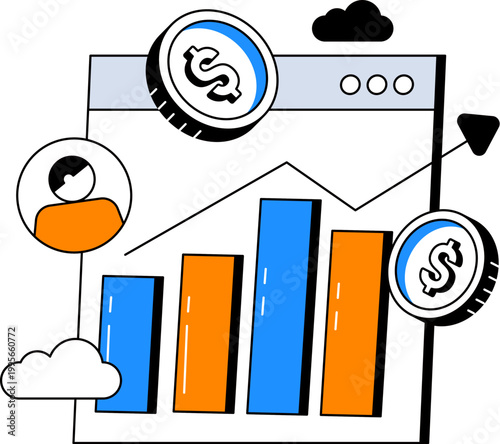 Bar chart line graph dollar coins marketing analytics business growth dashboard vector illustration