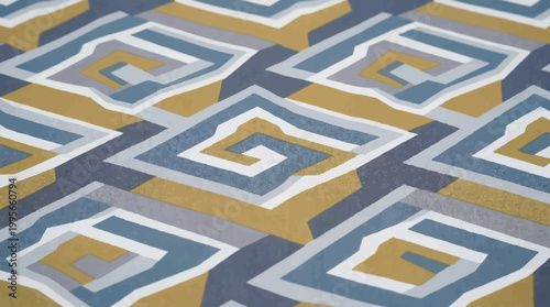 Macro Detail of Printed Fabric Surface with Abstract Geometric Maze Pattern in Blue Grey and Gold for Textile and Fashion Design Background Concepts
