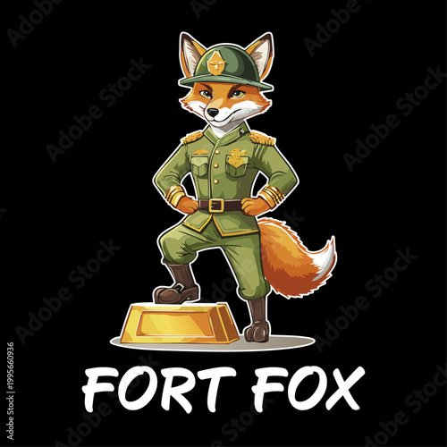 Fort Fox Maskottchen – Cartoon Fuchs Soldat Logo mit Militäruniform, Comic Charakter