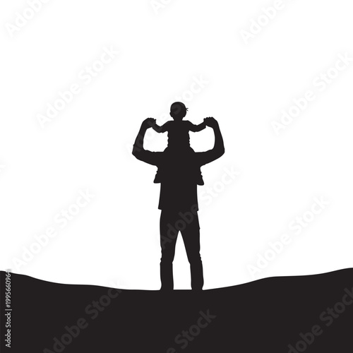 Silhouette of a man carrying a child on his shoulders flexing his arms in a playful and strong gesture