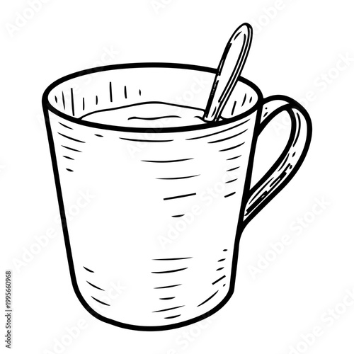 Ceramic mug with a drink and a teaspoon inside. Hand drawn vector sketch. Tableware. Morning coffee. Cup of tea. Line art graphic illustration.