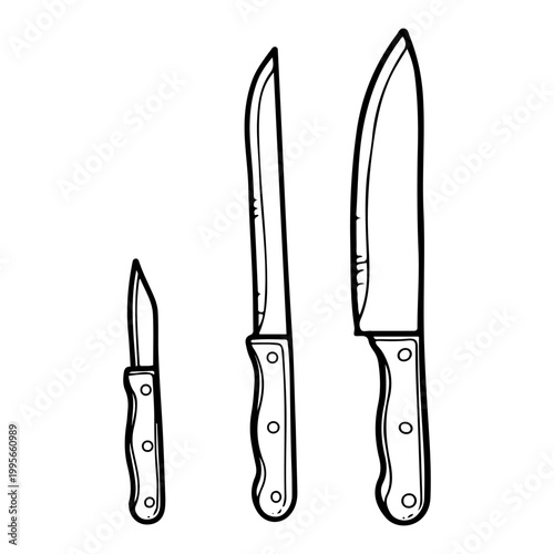 Set of kitchen knives. Hand drawn vector sketch. Sharp blade on a wooden handle. Cutting tools for cooking. Chef equipment. Line art graphic illustration.