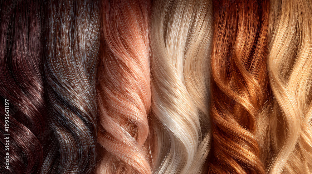 Naklejka premium Natural Hair Color Spectrum with Shiny Waves – Beauty, Salon, and Haircare Shade Range Concept