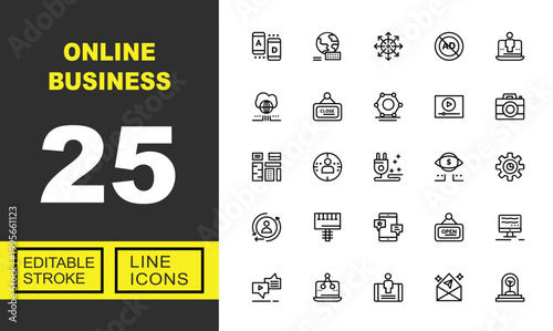 Online business line icon set. Vector pictograms of Smartphone, Globe, Distribution, Adblock, User, Cloud, Closed, Blockchain, Video, Camera, Layout, Target, Plugin, Eye, Gear. Editable stroke.