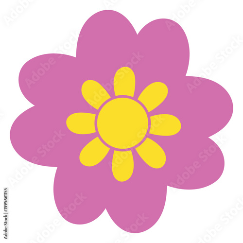 Cute Pink Flower Illustration with Bright Yellow Center. Vibrant flat vector floral design. Retro 70s inspired nature element perfect for cute stickers, summer patterns, and girly invitations
