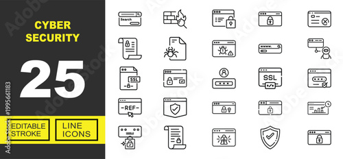 Cyber Security line icon set. Vector pictograms of search, firewall, browser, lock, website, document, malware, bug, url, bot, certificate, login, password, shield. Editable stroke.