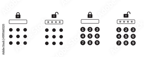 Obraz na płótnie Device Security Icon Set with PIN Code, Password, Pattern Lock and Keypad Entry