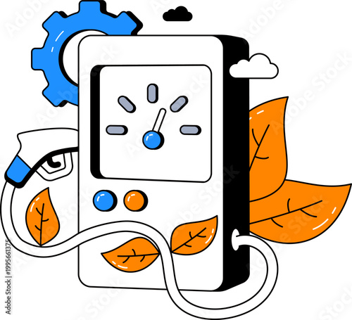 Electric vehicle charging station nozzle gear and leaves sustainable energy environment technology vector illustration