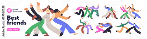 Best friends, people having fun together set. Young men and women dancing, hugging. Happy relationships, friendship, connection concept. Flat graphic vector illustrations isolated on white background