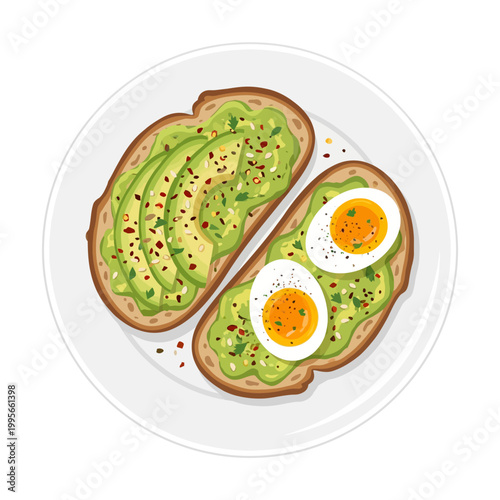 Delicious avocado toast with sliced avocado and boiled eggs on a white plate, healthy breakfast concept.