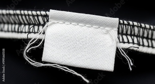 Sewn fabric label with threads on a black and white mesh material