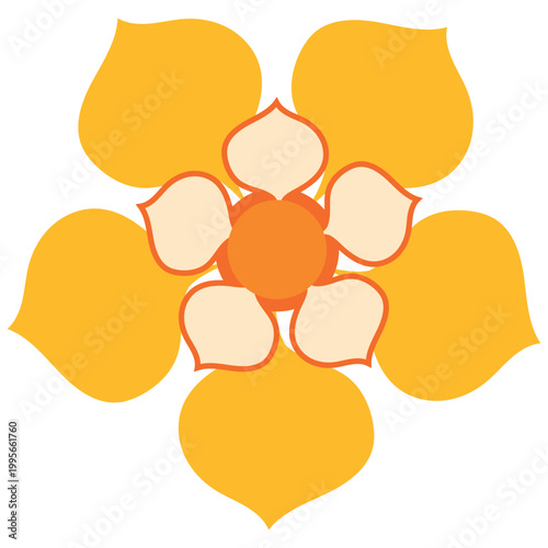 Yellow Flower Illustration With Cute Petals And Orange Center. Vibrant flat vector floral design. Retro-inspired nature element perfect for spring cards, summery patterns, logos, and decorative