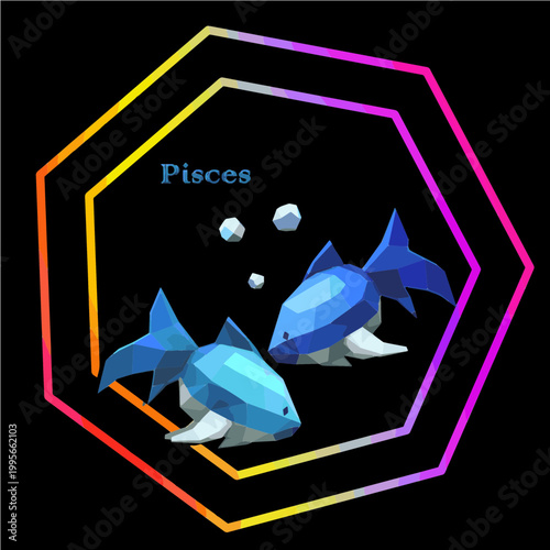 Low poly pisces zodiac ram icon in neon hexagon frame. Perfect for astrologers, app developers, and merch creators for horoscope apps, t-shirts, stickers, and branding.