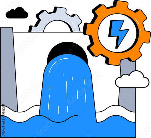 Hydroelectric dam with flowing water and gear for renewable energy production vector illustration