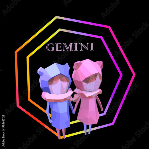 Low poly Gemini zodiac twins icon in neon hexagon frame. Perfect for astrologers, app developers, and gift creators for horoscope apps, birthday cards, t-shirts, stickers, and branding.