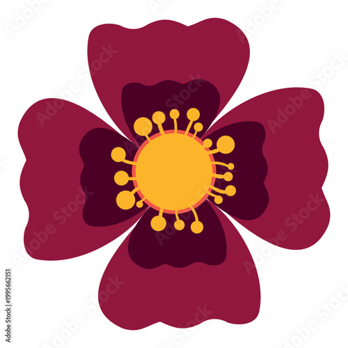 Deep Burgundy Wildflower Illustration With Vibrant Yellow Stamen. Bold stylized floral graphic. Modern flat art nature element perfect for botanical patterns, greeting cards, organic branding, and