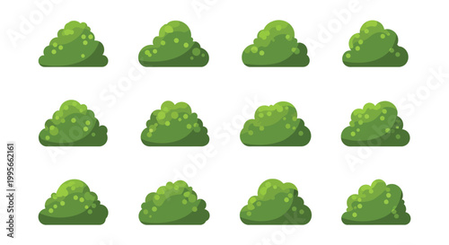 Collection of twelve green bush illustrations with subtle highlights in a clean vector graphic design