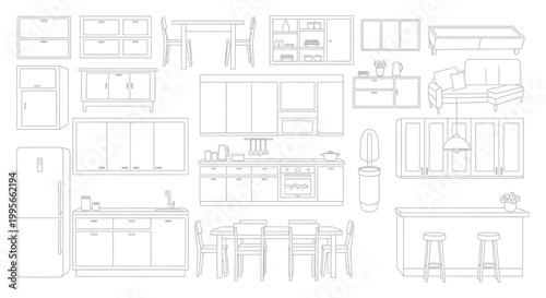Detailed vector illustration of various kitchen furniture items, including dining tables, cabinets, and comfortable living room seating