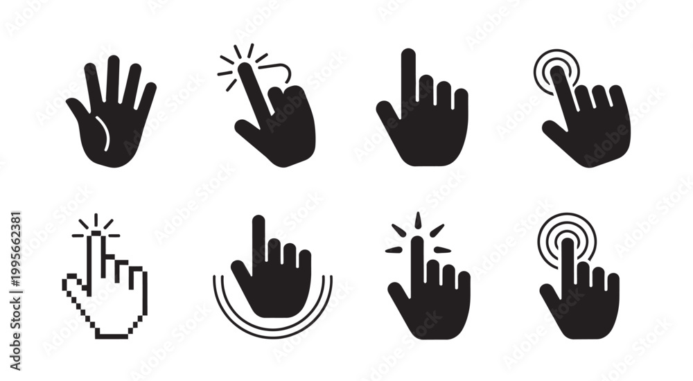 Fototapeta premium Collection of hand pointer and cursor icons for digital interaction, clicking, and selection actions.