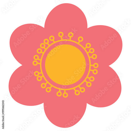 Delicate Pink Meadow Flower Icon with Golden Stamen. Elegant flat vector wildflower design. Minimalist nature element perfect for wedding invitations, cards, floral patterns, and stickers