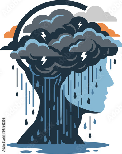 Mental Health Awareness Illustration | Human Head With Storm Clouds For Psychology Counseling