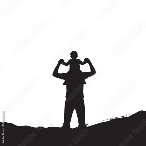 Silhouette of a man holding a child on his shoulders flexing his arms in a playful and strong pose