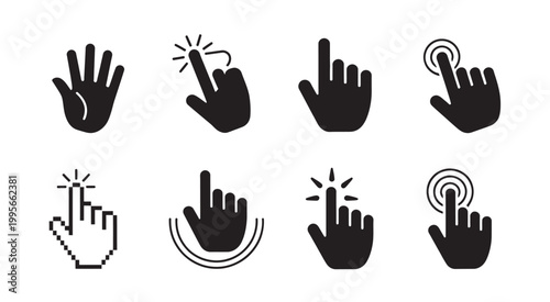 Collection of hand pointer and cursor icons for digital interaction, clicking, and selection actions.