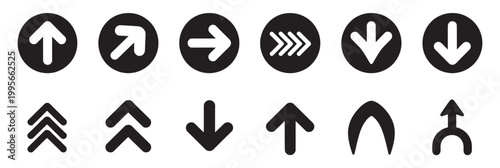 Set of black circular and abstract arrow icons for direction and navigation