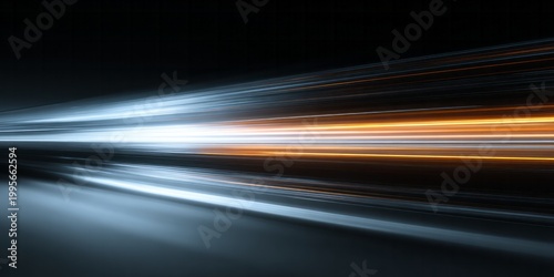 Glowing light trails streak across a dark, reflective surface.