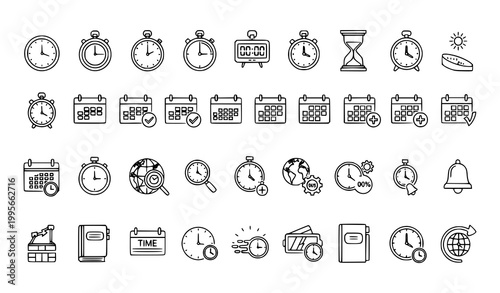 Time and clock icon set with timer and calendar symbols in clean outline vector illustration style