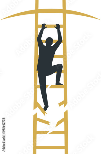 Success Challenge Vector Illustration | Business Man Climbing Broken Ladder For Career Growth