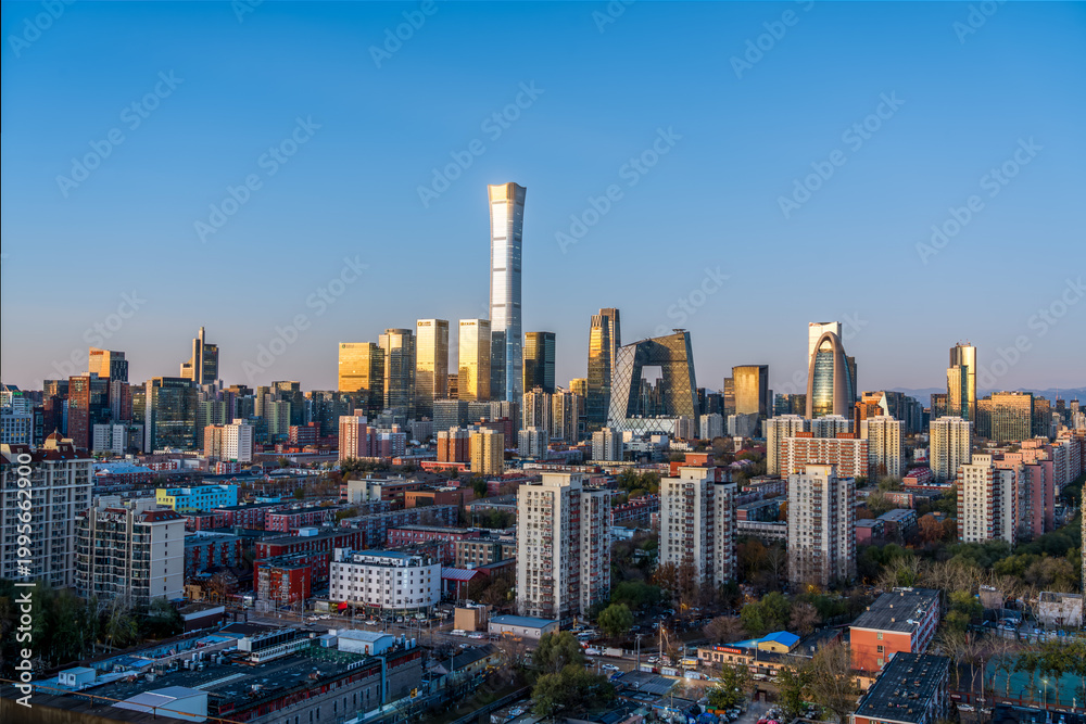 Obraz premium Modern architectural landscape of Beijing CBD at dawn, representing China's urban development and economic growth