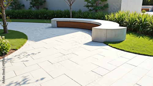 Modern minimalist park design featuring a curved concrete and wooden bench with landscaped greenery and smooth stone pathway in a clean, serene outdoor architectural environment