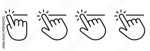 Set of outline hand icons with finger pointing and horizontal line for digital interaction