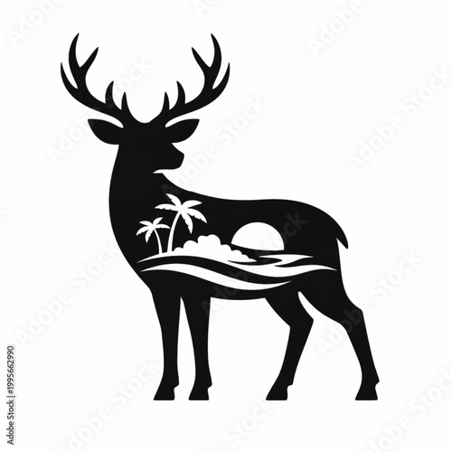 Deer Silhouette with Tropical Beach Sunset Double Exposure Vector Illustration