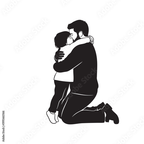 A silhouette of a man kneeling and hugging a child in a tender moment