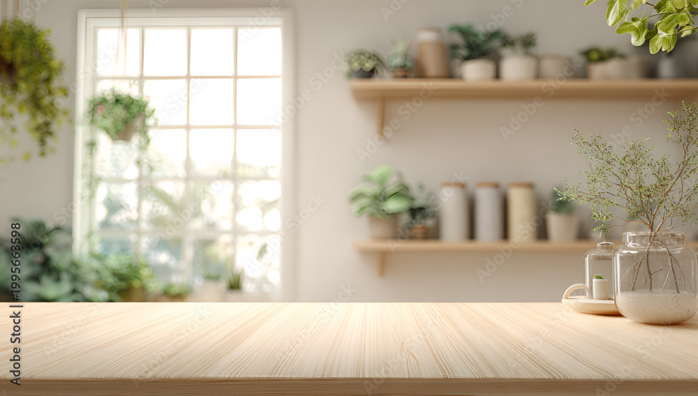 Fototapeta premium Empty wooden table with blurred background of a cozy room filled with various houseplants and natural light.