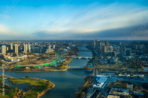 Aerial view of modern cityscape along the Grand Canal in Beijing City Sub-center, China