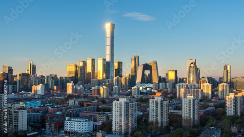 Panorama of Beijing city skyline at sunrise, representing economic recovery, urban growth, and a new beginning in China